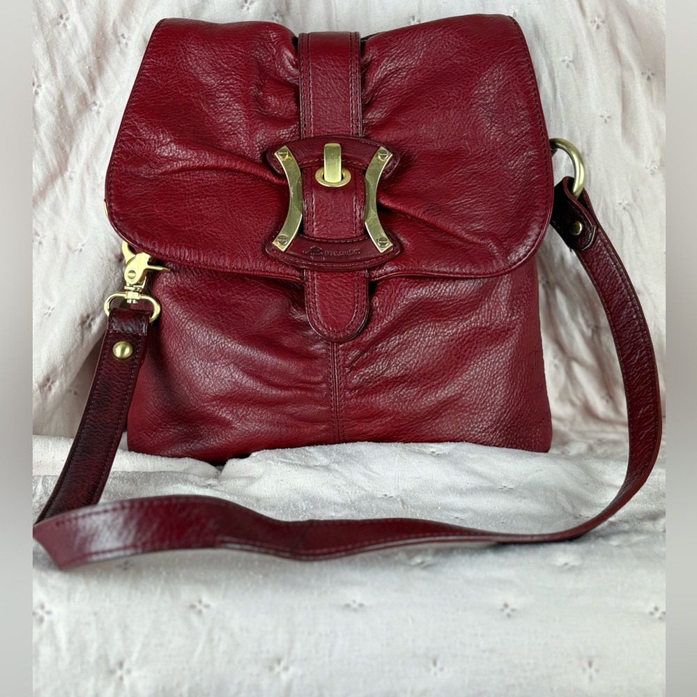B. Makowsky Red Leather Hobo Crossbody Bag with Gold Hardware